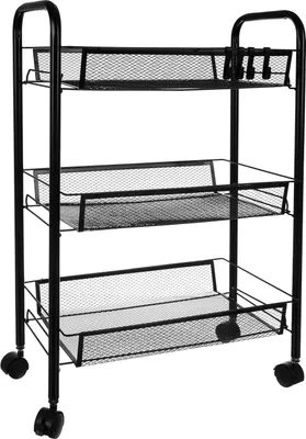 Produktbild von RUHHY Küchenwagen Mobilregal – Servierwagen mit 3 Ebenen, bis 7 kg belastbar, mit 4 Haken & feststellbaren Rollen, Metall/Eisen, für Küche, Büro & Garage (24749)
