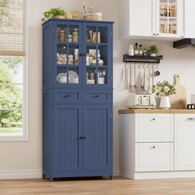 Image de Armoire de cuisine de 180 cm avec 4 portes, 2 tiroirs et 2 portes en verre, de couleur bleue