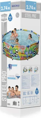 Produktbild von Bestway® Steel Pro™ Frame Pool ohne Pumpe Ø 274 x 66 cm, buntes Panda- und Fuchs-Design, rund