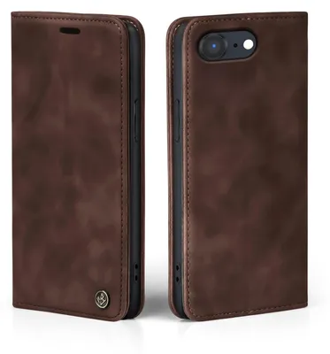 A brown leather flip case for a smartphone is shown from two angles.