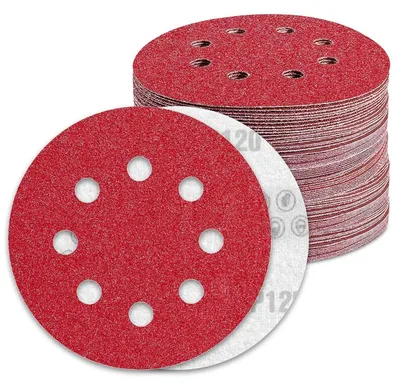 Image de Disques abrasifs de 125 mm avec système de fixation velcro, grain 120, pour ponceuses excentriques, 8 trous, lot de 100 pièces