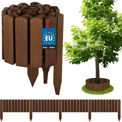 A product shot of wooden garden edging and a small tree surrounded by edging, with a separate image of a longer section of edging.