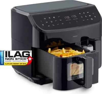 Produktbild von MEDION P20 XXL Heißluftfritteuse mit 2 Kammern (8,7 Liter, Airfryer, 2.600 Watt, Doppelkammer, 9 Automatikprogramme, 2 Schubladen, Sichtfenster, Dualer Airfryer, Dual Cook & Sync-Finish Funktion) schwarz