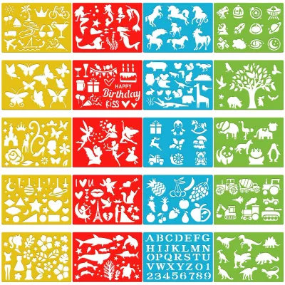 Image de 20 modèles de pochoirs de couleurs pour enfants, avec plus de 300 motifs : animaux et bien plus