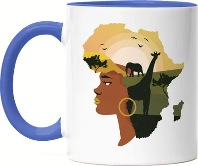 Produktbild von Afrikamotiv Tasse blau Heimat Tiere Giraffen Wüste Geschenkidee Afrikanische Frau Kultur Heimatliebe Geschenk