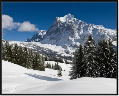 Produktbild von Wallario Wandbild Verschneiter Berghang unter blauem Himmel, Größe: 40,30 x 50,30 cm, Poster mit schwarzem Aluminiumrahmen