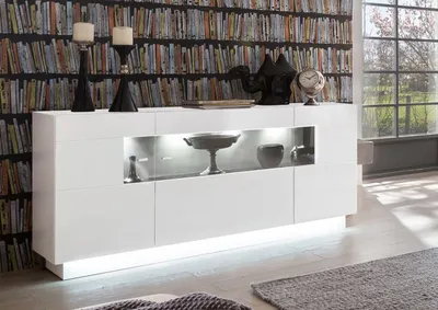 Produktbild von Forestdream Modernes Sideboard, Hochglanz Weiß, Melamin, 84,4 x 160 x 43,4 cm, 3 Türen, 2 Schubladen, 8 Stauraumfächer, TV Fach ohne Rückwand, Modell 2