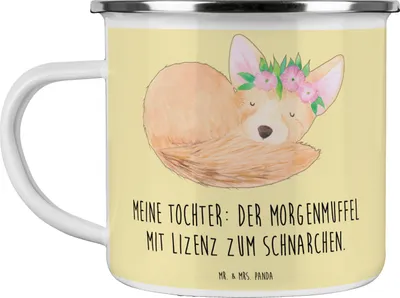 Produktbild von Mr. & Mrs. Panda Campingbecher Tochter Morgenmuffel - Gelb Pastell - Geschenk, Familienleben, Haferl, Dankeschön, Freude, Emaille Tasse, Familienmitglieder, Kaffeepott