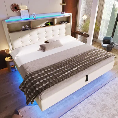 Produktbild von STILVORA Polsterbett 180x200cm mit LED-Lichtleiste, Stauraumbett mit hydraulischem Stauraum und Staufächern, Bett mit USB/Typ-C-Anschlüssen und schwebendem Design