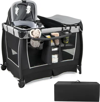 Produktbild von DREAMADE Reisebett mit Matratze, 6-in-1 Babybett, Reisegitterbett mit Bassinet, Windelwechsel Tisch, für 0-36 Monate (Grau)