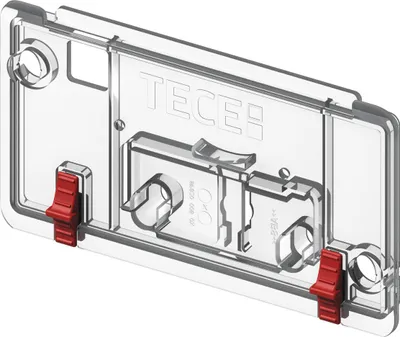 A clear, studio shot of a transparent plastic cistern lid with red locking clips.