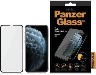 A PanzerGlass screen protector for an iPhone is shown with its packaging and a representation of the phone.