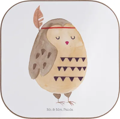 Produktbild von Mr. & Mrs. Panda Holzuntersetzer Eule Federschmuck - Weiß - Geschenk, bieruntersetzer, Tischschoner, gläseruntersetzer, Waldtiere, Abenteuer, Untersetzer für Gläser, Owl
