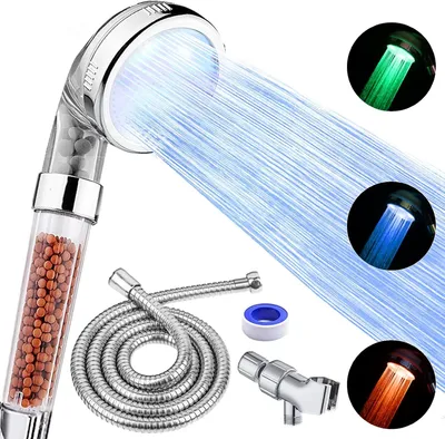 Produktbild von LED-Duschkopf mit Handbrause, Hochdruck-Duschkopf mit Schlauch und Halterung, 3 Wassertemperatur-gesteuerter, wassersparender, gefilterter Duschkopf