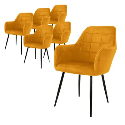 A set of six mustard yellow dining chairs with black metal legs, arranged in a group with one chair prominently in the foreground.
