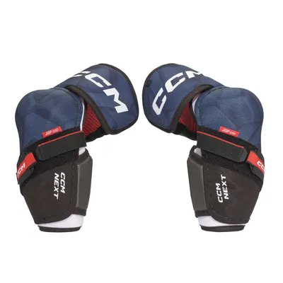 A pair of blue and black hockey elbow pads are shown against a white background.