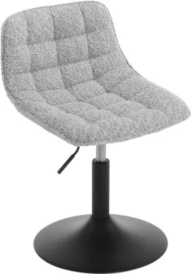A gray upholstered stool with a black base is shown against a white background.