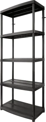 A black plastic shelving unit with five shelves, shown against a white background.