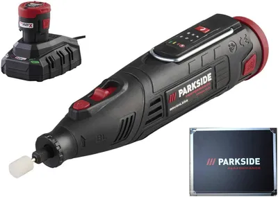 A cordless rotary tool, its charger, and a case are displayed against a white background.