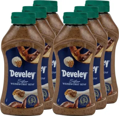 Produktbild von DEVELEY Original Münchner Weisswurst-senf, cremig-süßer Tafelsenf vegan ohne künstliche Zusatzstoffe ideal für Weißwürste Brezeln Fleischgerichte Sandwiches Wraps Hot-Dogs Dips Saucen 6x 300ml
