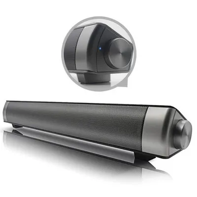 A soundbar speaker is shown from a slightly angled perspective, with a close-up inset of the control knob and indicator light.