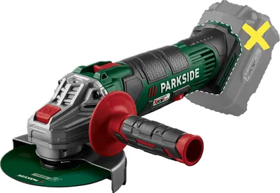 A cordless angle grinder with a green and gray body, a red and black handle, and a green cutting disc. A dashed outline highlights where a battery would attach, and a yellow 'X' is placed over this area.