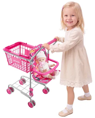 Immagine prodotto di Carrello della spesa per bambini VEVOR, carrello della spesa per supermercato, giocattolo con sedile pieghevole per bambole, struttura in acciaio e ruote. Accessorio pieghevole per negozi di giocattoli, giochi per bambini dai 3 anni in su