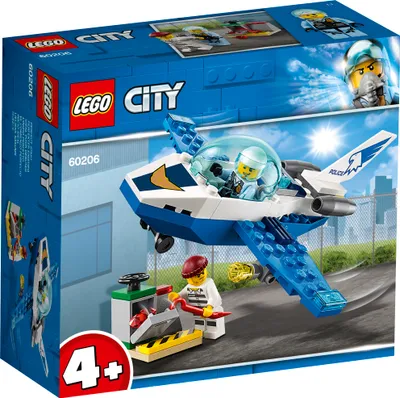 Produktbild von LEGO City Polizei Flugzeugpatrouille Bausatz 60206, Mehrfarbig, 7 cm hoch, 14 cm lang, 11 cm breit, Cockpit zum Öffnen, Suchscheinwerfer, 2 Minifiguren, 54 Teile, kompatibel mit allen LEGO Bausets.