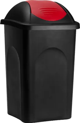 A black trash can with a red lid.