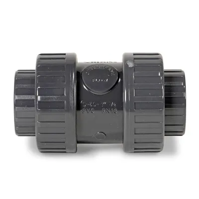 A product shot of a gray PVC check valve against a white background.