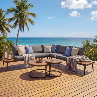 Produktbild von Garten-Garnitur HWC-H54c, Lounge-Set, Beistelltisch Spun Poly Akazie Holz Stahl braun, Kissen dunkelgrau