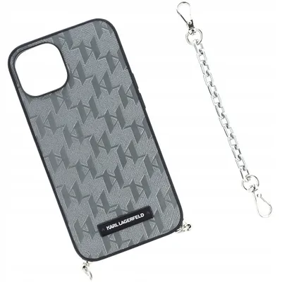 Imagen del producto de Funda Karl Lagerfeld Saffiano Monogram con cadena para iPhone 14 - Plateada