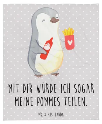 Produktbild von Mr. & Mrs. Panda Bettdecke Pinguin Pommes - Grau Pastell - Geschenk, Freundin, Sofadecke, Sofaüberwurf, Valentinstag, Decke, Kuscheldecke, für Frauen, Tagesdecke, Freund