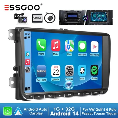 Obrázok produktu pre Autorádio 9 palcov, Android 14, s funkciami Carplay, Android Auto, GPS navigáciou, dotykovým displejom, Bluetooth handsfree, RDS, formát 2 DIN, 1 GB RAM, 32 GB pamäte, výkon 4x45 Watt, určené pre vozidlá VW