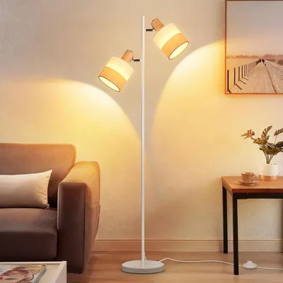Zdjęcie produktu dla ZMH lampa podłogowa salon lampa podłogowa drewno lampa podłogowa 2 płomienna lampa podłogowa tkanina E14 lampa do czytania obrotowa narożna lampa podłogowa z przełącznikiem nożnym sypialnia
