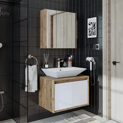 Produktbild von Roomart ATLANTIC-65 Badmöbel-Set 4-teilig 65 cm breit, Weiß-Eiche