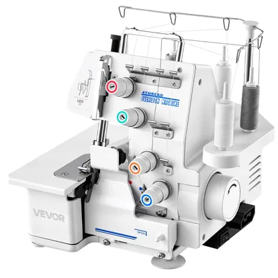 Produktbild von VEVOR Overlock-Nähmaschine, 1250 Stiche pro Minute, 2-3-4 Fadenfähigkeit, 0,7-2 einstellbarer Differentialtransport, mit Freiarm und LED-Licht, Nähmaschine für verschiedene Stoffe, Weiß, 3/4 Gewinde