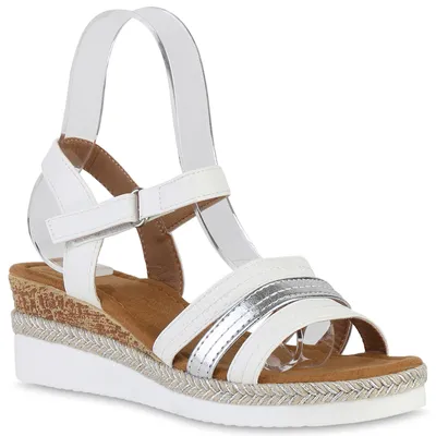 Produktbild von VAN HILL Damen Sandaletten Keilsandaletten Metallic Profil-Sohle Schuhe 840276, Farbe: Weiß Silber Metallic, Größe: 37
