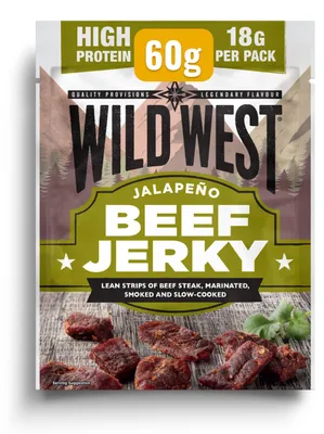 Produktbild von Wild West Jalapeño Beef Jerky 60g – Scharfer Trockenfleisch Snack mit Jalapeño und BBQ-Würze