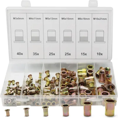 Produktbild von CCLIFE 150tlg Nietmutter Sortiment Stahl Gewinde Rivet Nutsert Cap Kit Blindnietmuttern Einsätze M3 M4 M5 M6 M8 M10