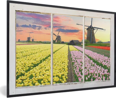 Produktbild von MuchoWow® MuchoWow® Gerahmtes Poster Ansicht - Tulpen - Mühle 60x40 cm - Poster mit zchwarzem Bilderrahmen - Printing - Wanddeko Schlafzimmer