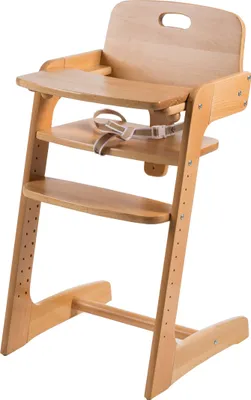A wooden high chair on a white background.