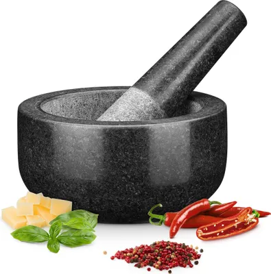 Immagine prodotto di H&S Set di mortaio e pestello per spezie - 16cm XXL in granito per spezie ed erbe - Mortaio e pestello in granito di grandi dimensioni - Utensili da cucina - Mortaio e pestello