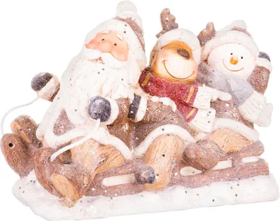 Zdjęcie produktu dla Dekoracje świąteczne MagicHome: Mikołaj, renifer i bałwanek na sankach, ceramika, wymiary: 45x23x34,50 cm