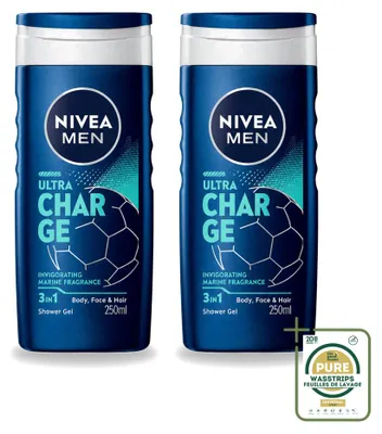Obrázek produktu pro 2 x Nivea Men Ultra Charge sprchový gel 3 v 1 - 250 ml - balení pro větší spotřebu - 2 kusy