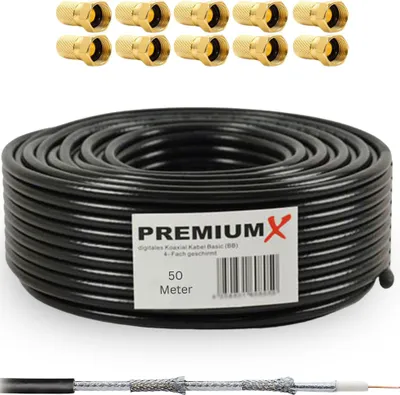 Produktbild von PremiumX 50m DELUXE PRO Koaxial Kabel Schwarz 135dB 5-Fach Kupfer 10x F-Stecker