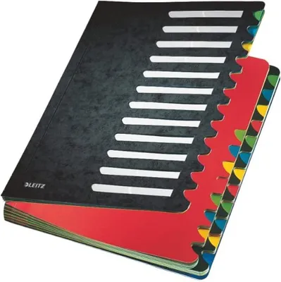 A black file folder with colored dividers is shown from a diagonal angle.