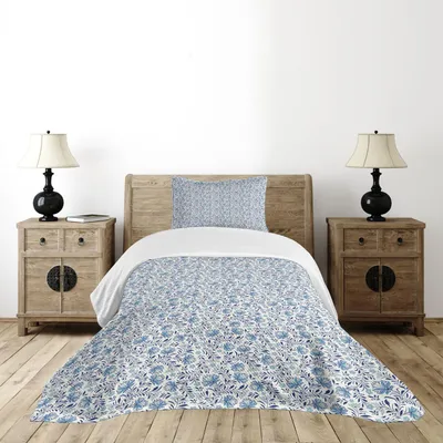 Produktbild von ABAKUHAUS Blumen Tagesdecke Set, Blühende Bluebelles Feng Shui Botanik unter dem Motto Vintage Illustration, 170 x 220 cm, Türkis und Dunkelblau