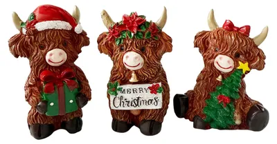 Produktbild von 3-teiliges Set Hochlandrind-Figuren, Weihnachtsdeko, Kalb-Tierstatue aus Kunstharz für Zuhause, Garten, Büro, rustikale Tischdekoration im Landhausstil