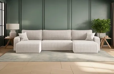 Image de Canapé d'angle Kaiser avec fonction couchage et coffre de rangement, canapé en U, canapé MILANO en velours épais beige